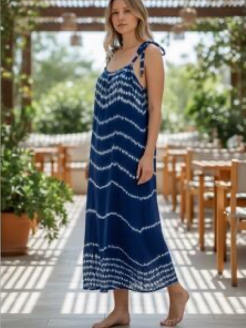 NWT Navy Tie-Dye Maxi Dress with Shoulder Ties Size XS/S